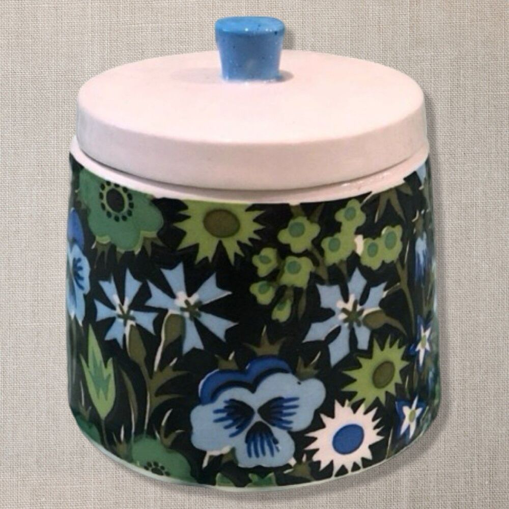 Vintage Napco Japan Floral Chintz Sugar Jar & Lid Blue Green Mod 60s 70s Cottage
